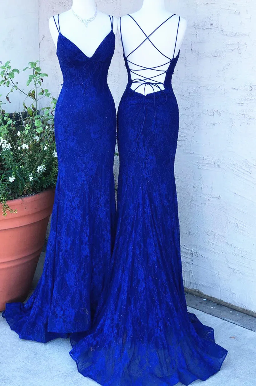 Elegant Straps Royal Blue Lace Long Prom Dress