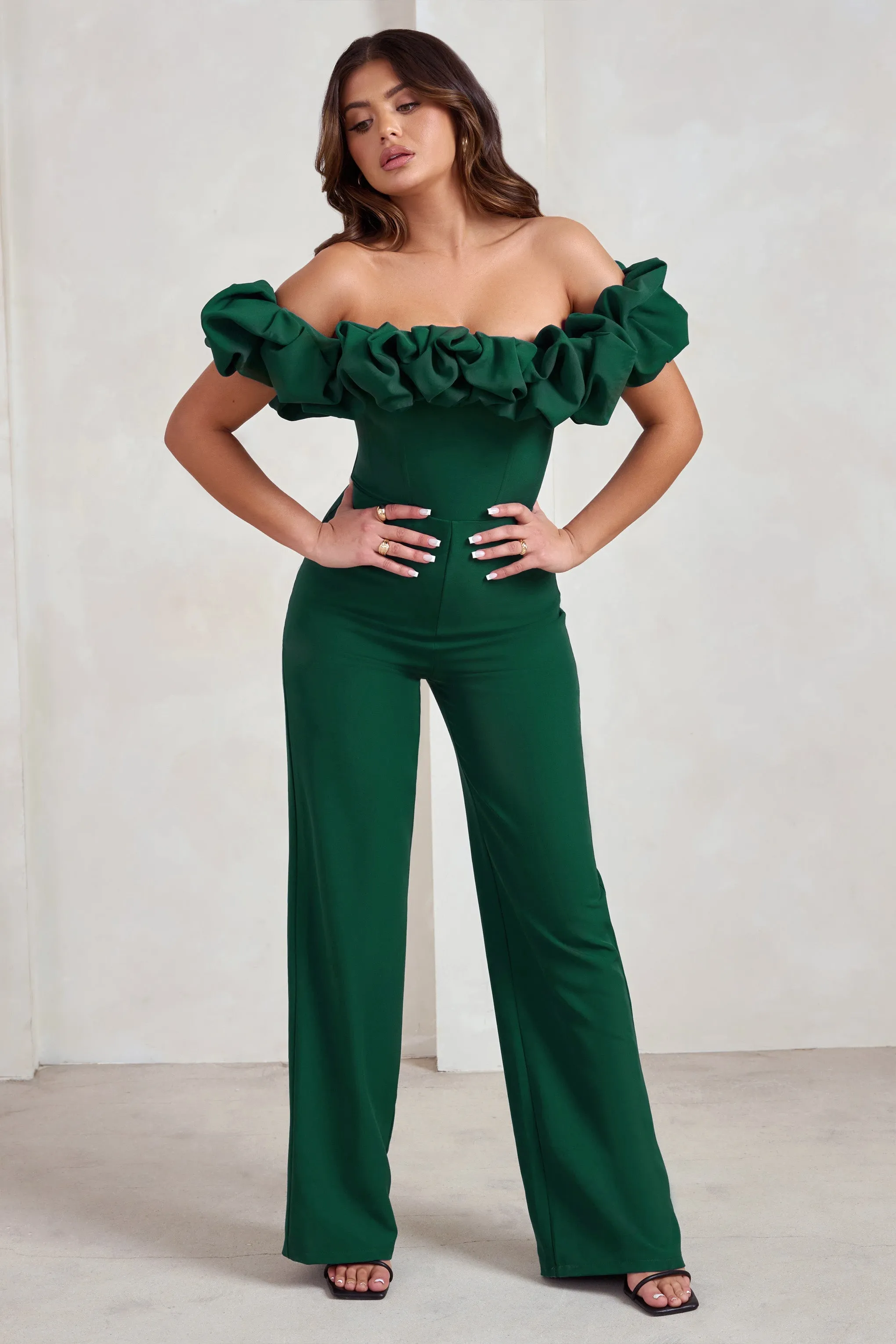 Esmie | Bottle Green Structured Statement Bardot Wide Leg Jumpsuit