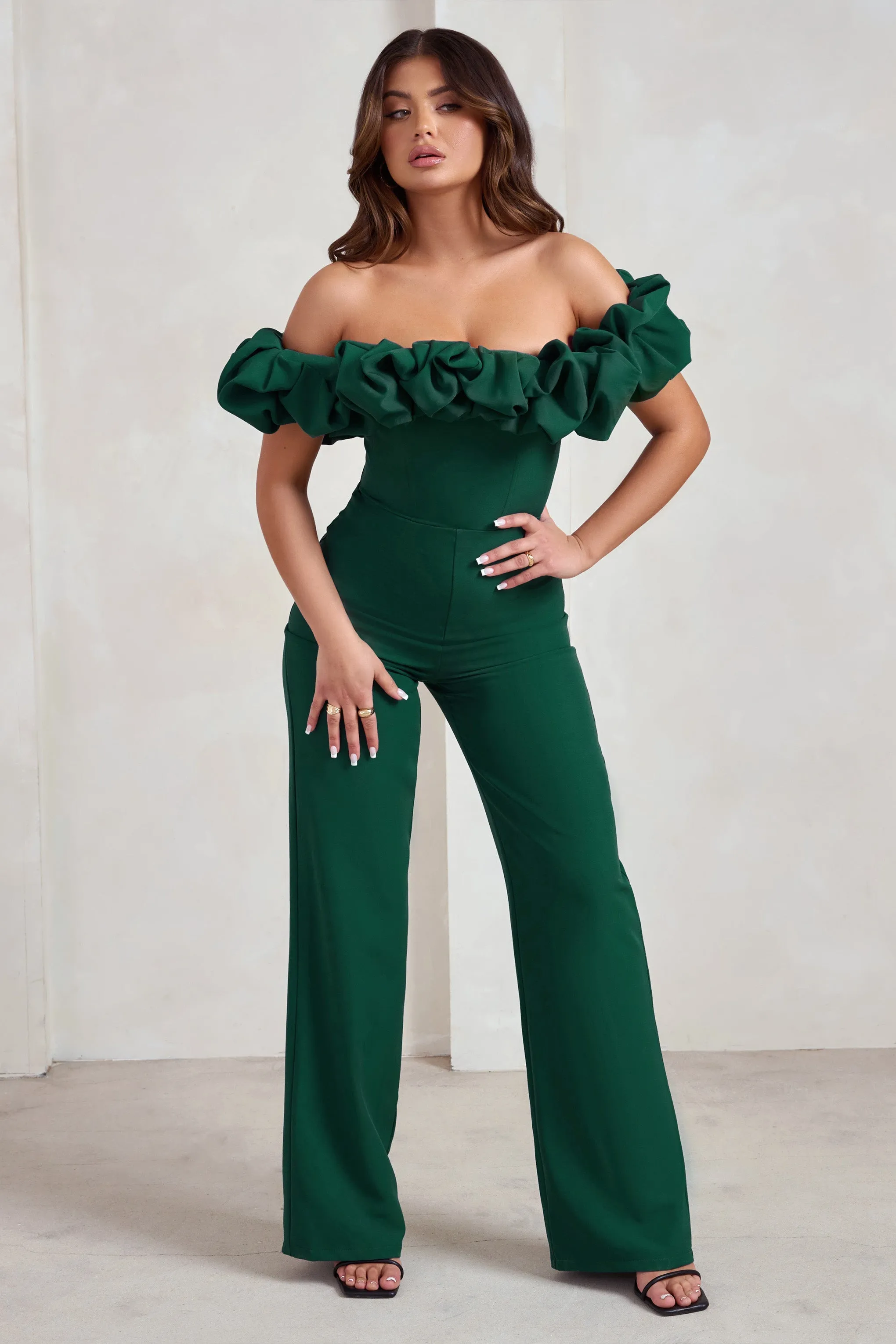 Esmie | Bottle Green Structured Statement Bardot Wide Leg Jumpsuit