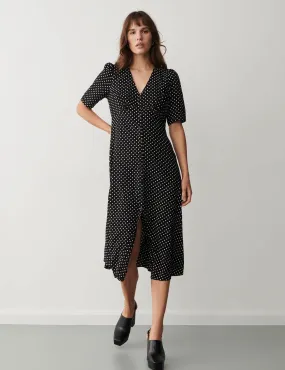 Finery London Women's Polka Dot V-Neck Puff Sleeve Midi Tea Dress - 10 - Black Mix, Black Mix