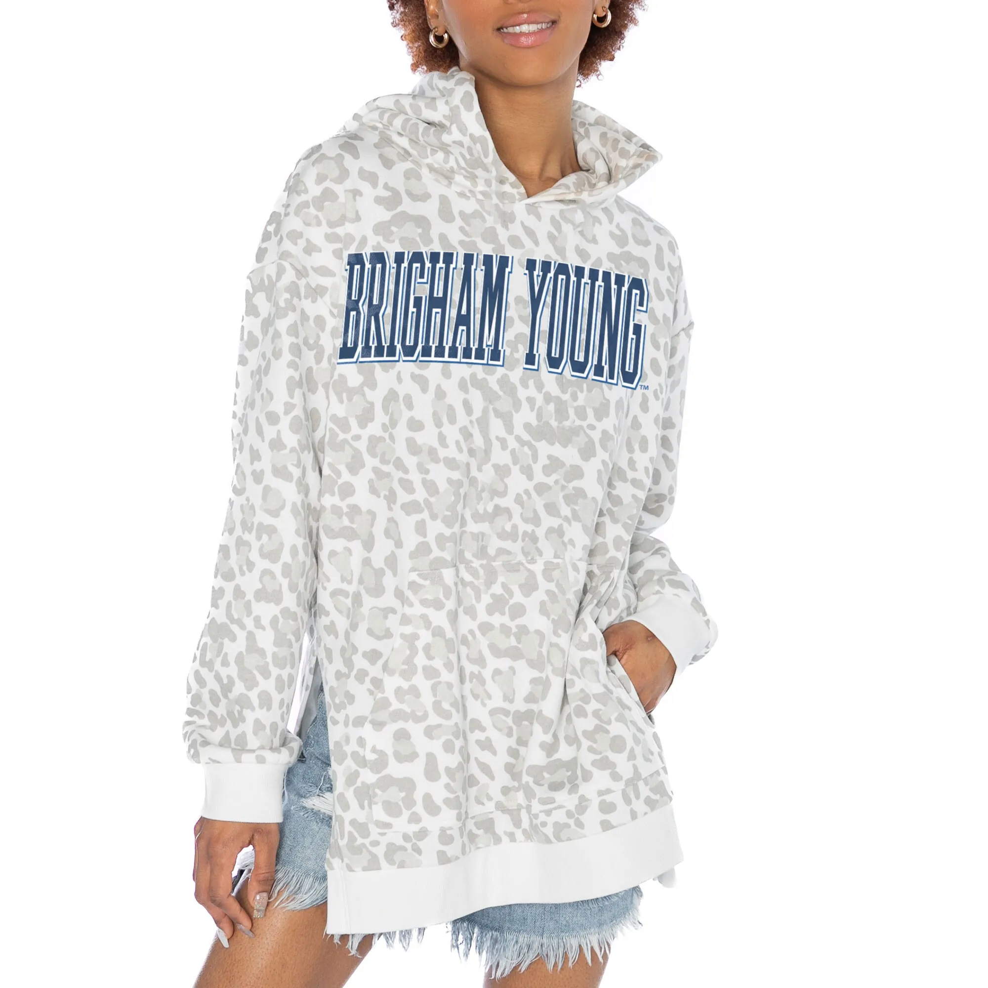 Gameday Couture BYU Cougars Women's White Home Team Advantage Leopard Print Oversized Side-Slit Pullover Hoodie