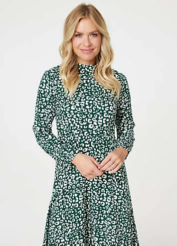 Green Leopard Print High Neck Tea Dress by Izabel London | Look Again