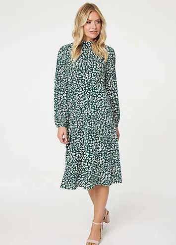 Green Leopard Print High Neck Tea Dress by Izabel London | Look Again