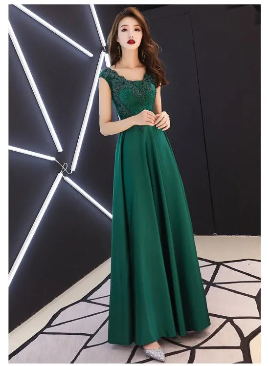 Green Satin A-line Long Party Dress with Lace, Beaded Satin Evening Dress Prom Dress