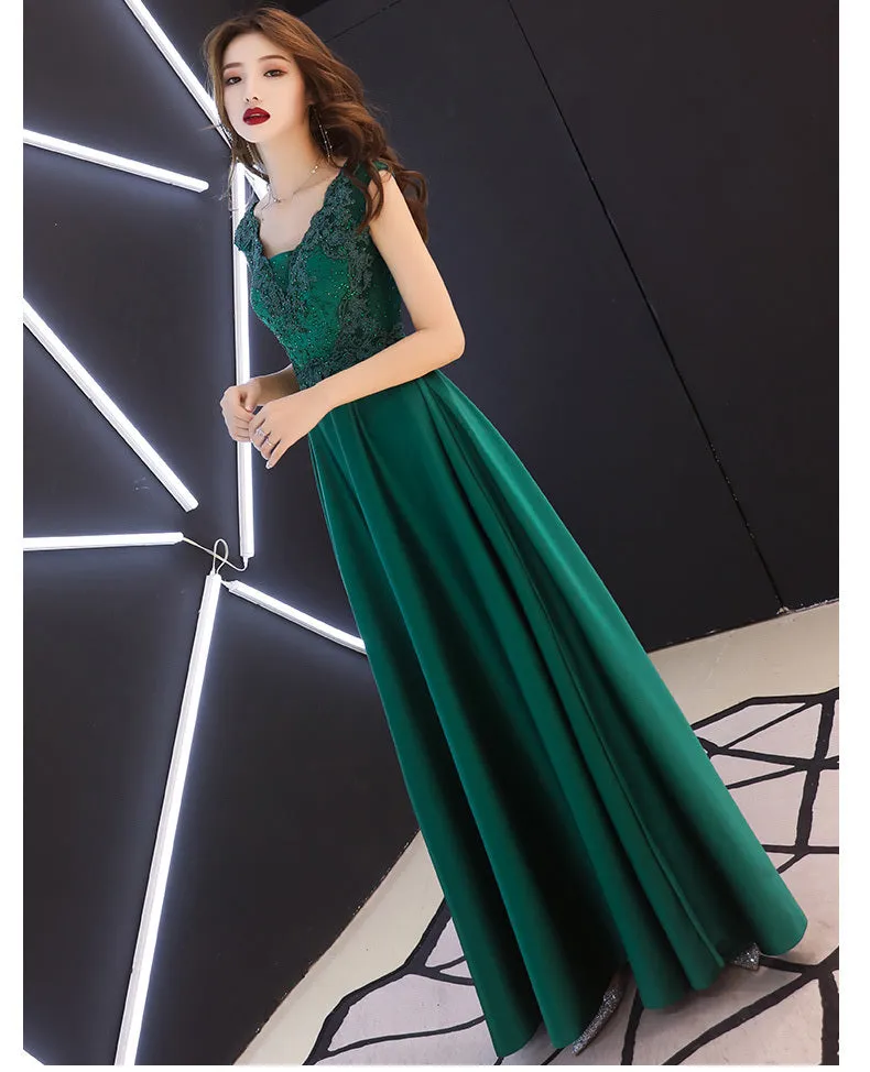 Green Satin A-line Long Party Dress with Lace, Beaded Satin Evening Dress Prom Dress