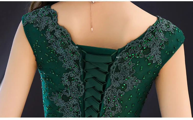 Green Satin A-line Long Party Dress with Lace, Beaded Satin Evening Dress Prom Dress