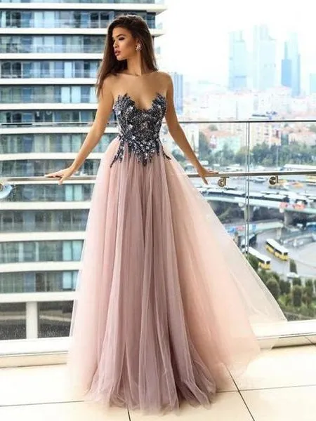 Grey/Gray Unique Tulle Prom Dress Long