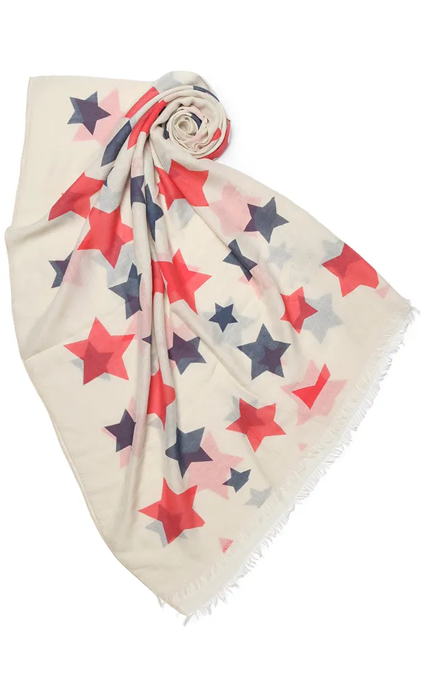 JC021282 Beige Red Star Print Cotton Oblong Scarf