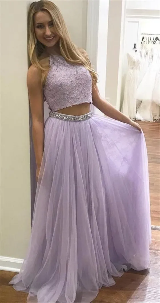 Lavender Two Piece Long Prom Dress for Teens