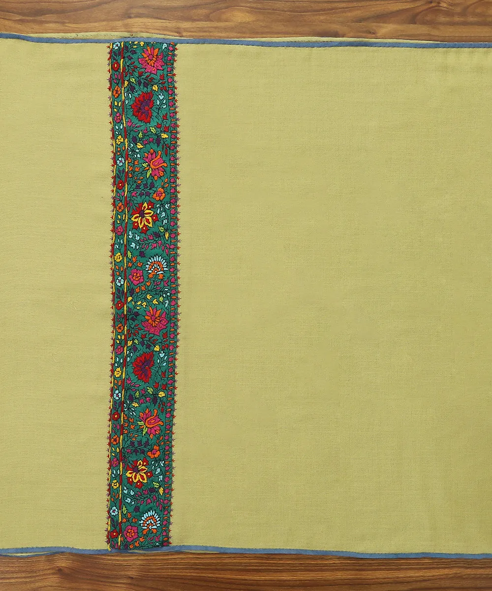 Light Green Pure Pashmina Scarf With Applique Border In Kalamkari