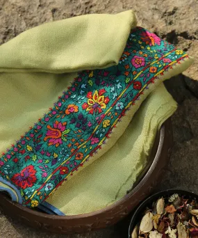 Light Green Pure Pashmina Scarf With Applique Border In Kalamkari