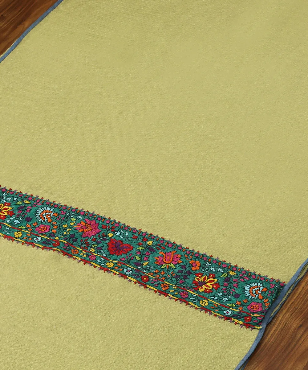 Light Green Pure Pashmina Scarf With Applique Border In Kalamkari