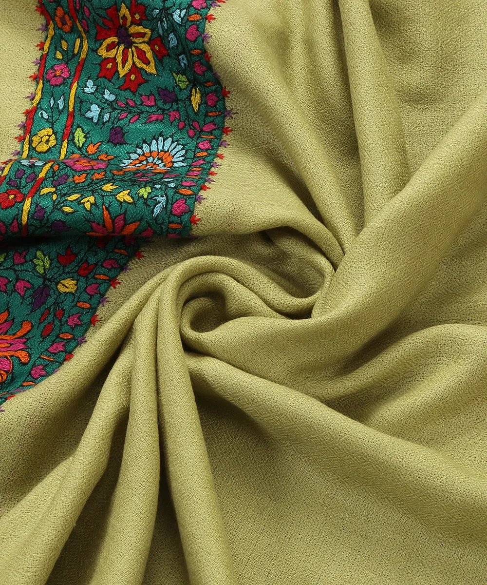 Light Green Pure Pashmina Scarf With Applique Border In Kalamkari