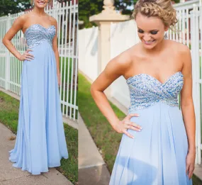 Long Light Blue Strapless Prom Dress For Teens