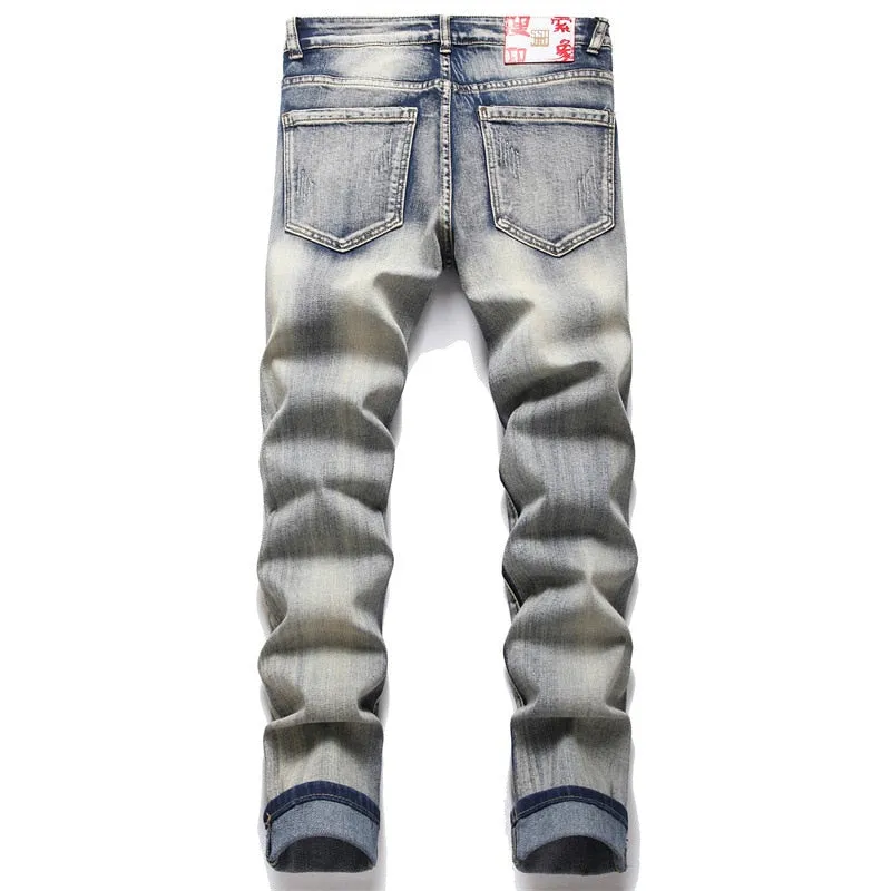 Men's Punk Style Solid Pattern Mid-waist Distressed Denim Skinny Jeans Pants