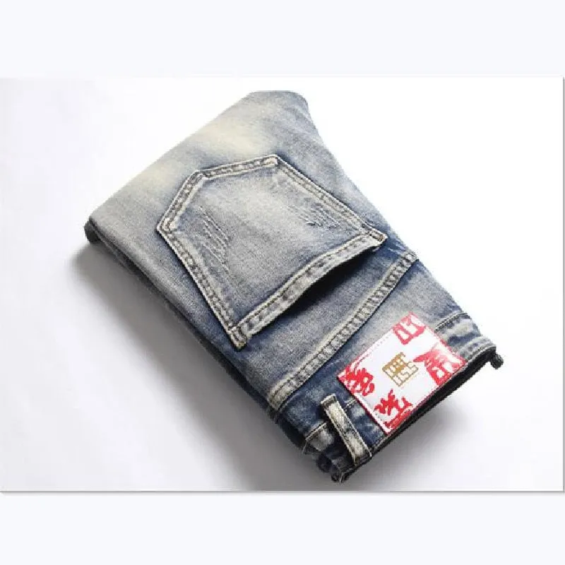 Men's Punk Style Solid Pattern Mid-waist Distressed Denim Skinny Jeans Pants