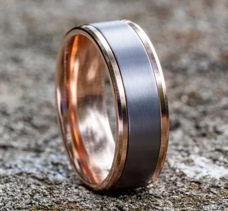 Men's Wedding Band, 7MM 14K Rose Gold and Grey Tantalum