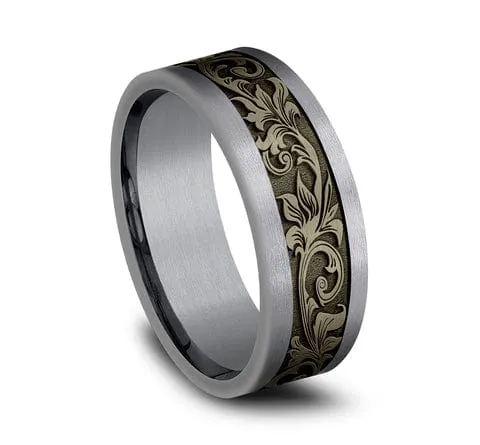 Men's Wedding Band, Grey Tantalum and Bronze Vintage Script Pattern