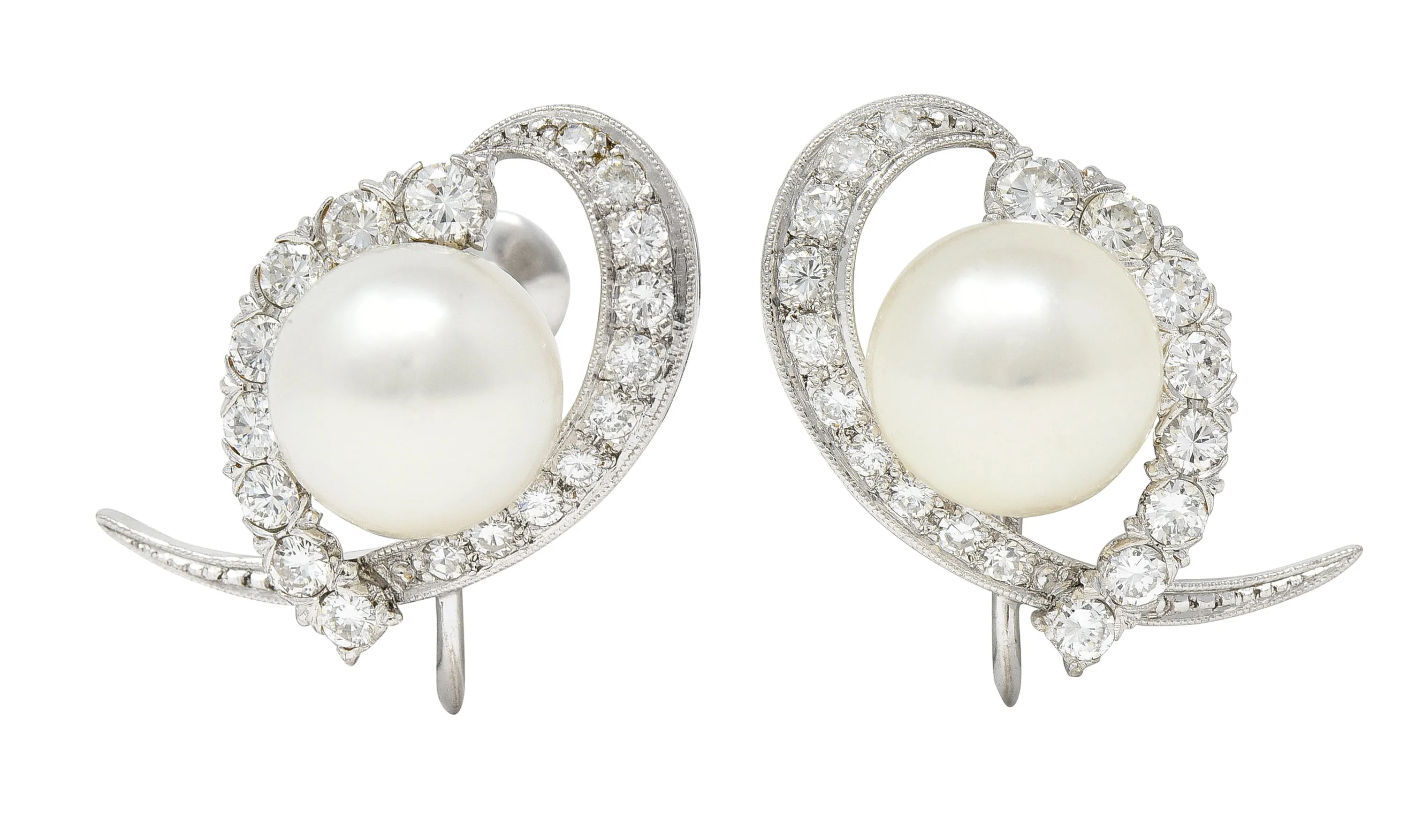 Mikimoto Mid-Century Cultured Akoya Pearl 14 Karat White Gold Ribbon Vintage Screw-Back Earrings