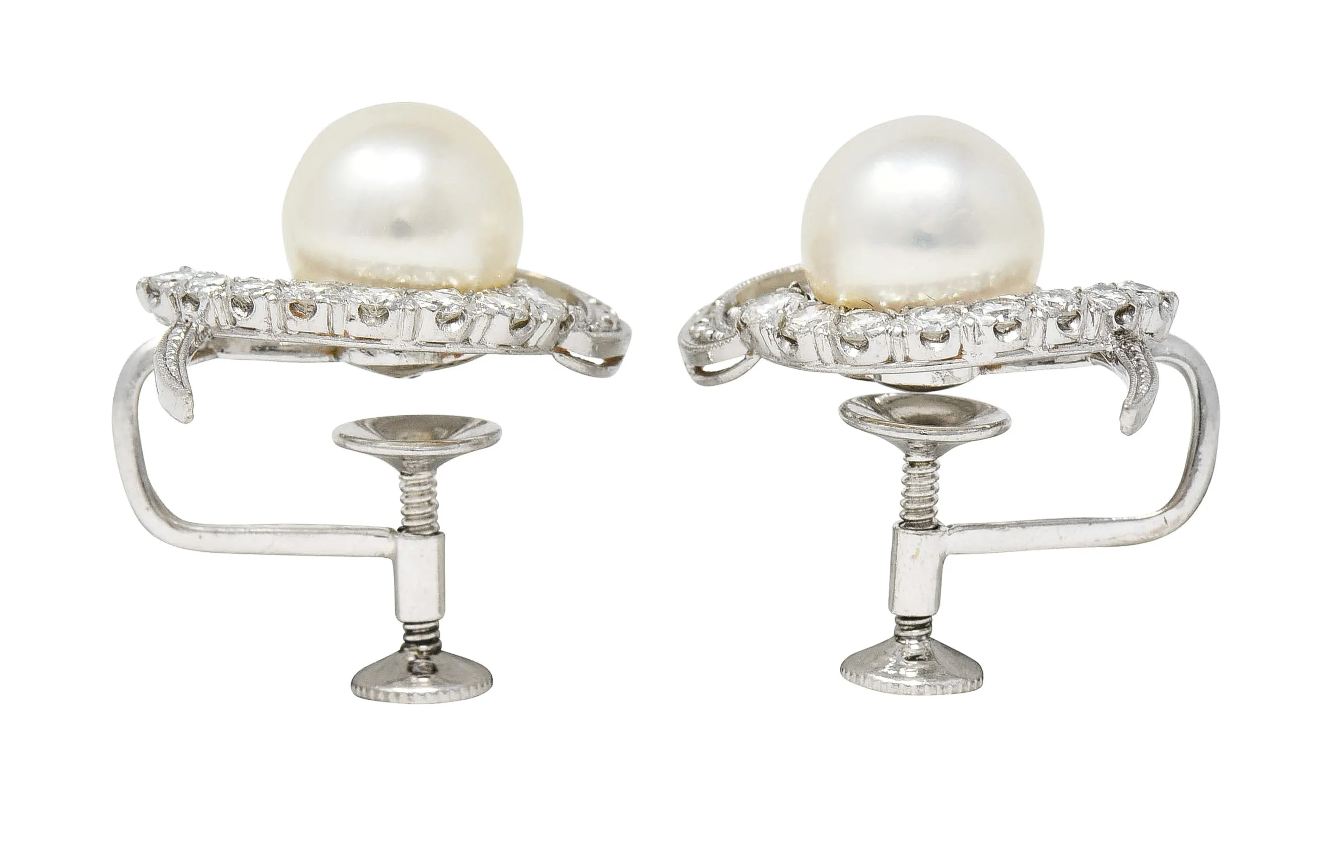 Mikimoto Mid-Century Cultured Akoya Pearl 14 Karat White Gold Ribbon Vintage Screw-Back Earrings