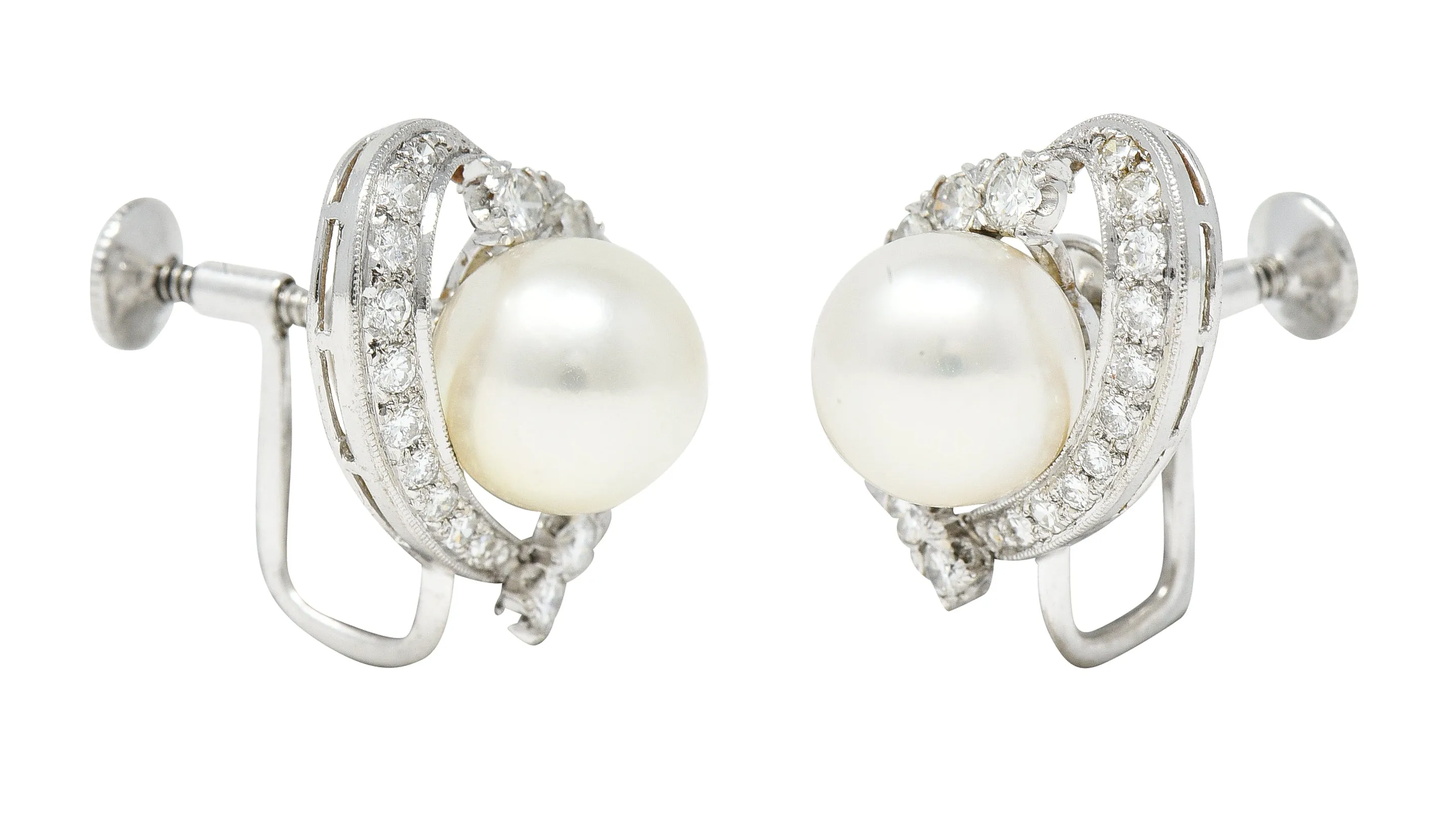 Mikimoto Mid-Century Cultured Akoya Pearl 14 Karat White Gold Ribbon Vintage Screw-Back Earrings