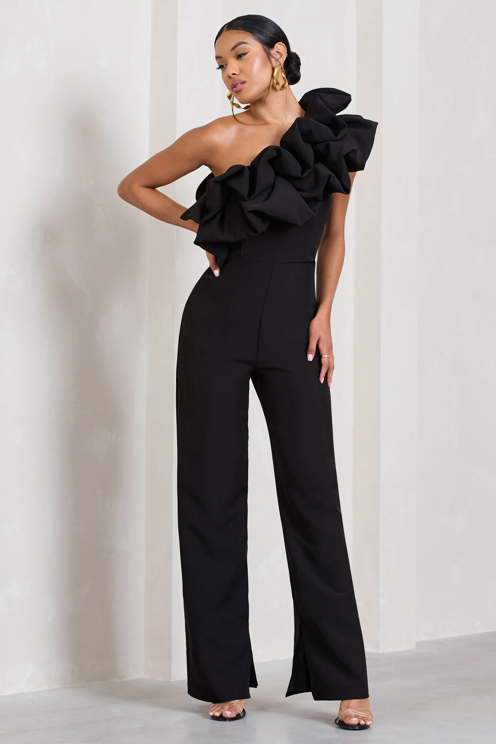 Monica | Black Asymmetric Ruffled Wide-Leg Jumpsuit