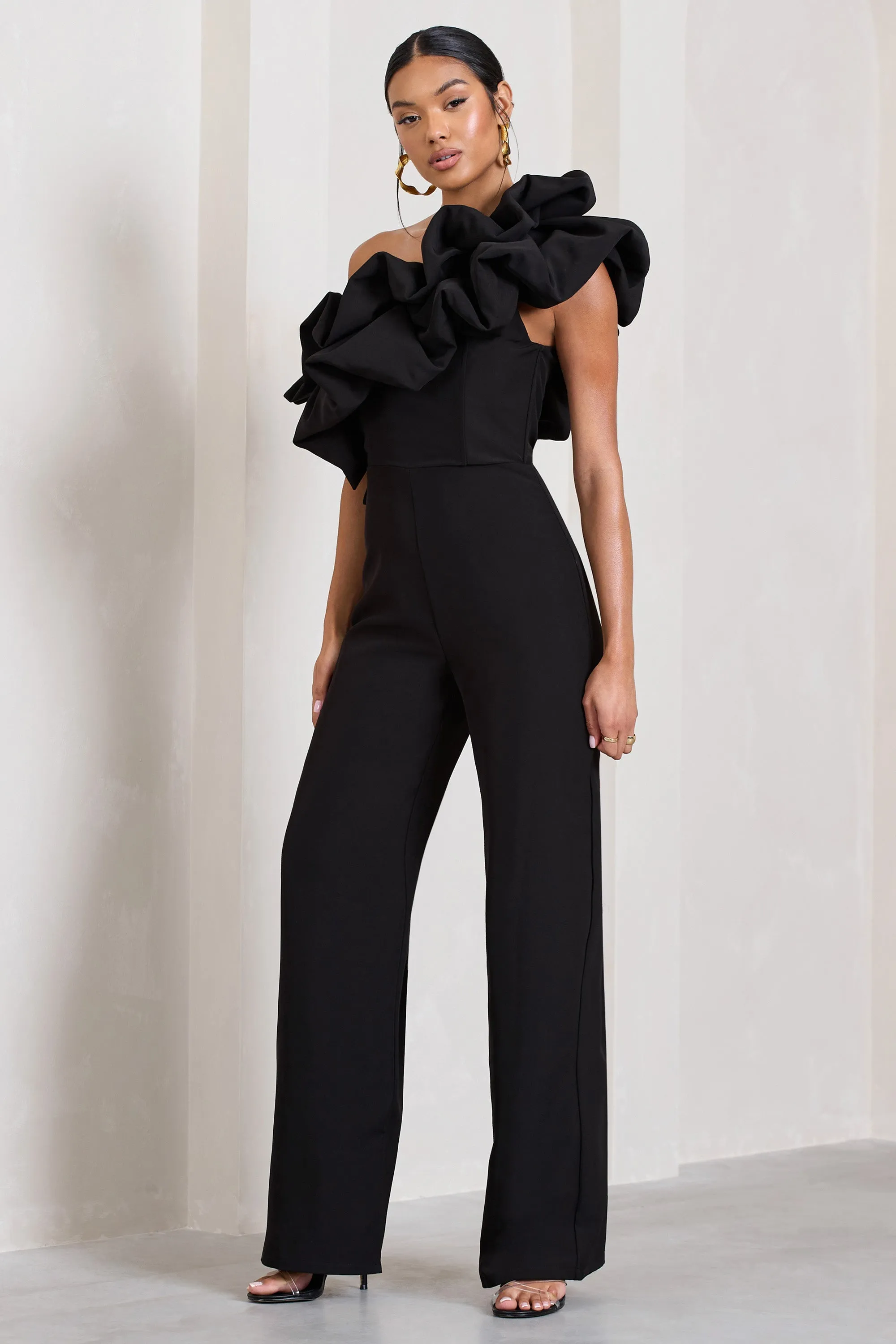 Monica | Black Asymmetric Ruffled Wide-Leg Jumpsuit