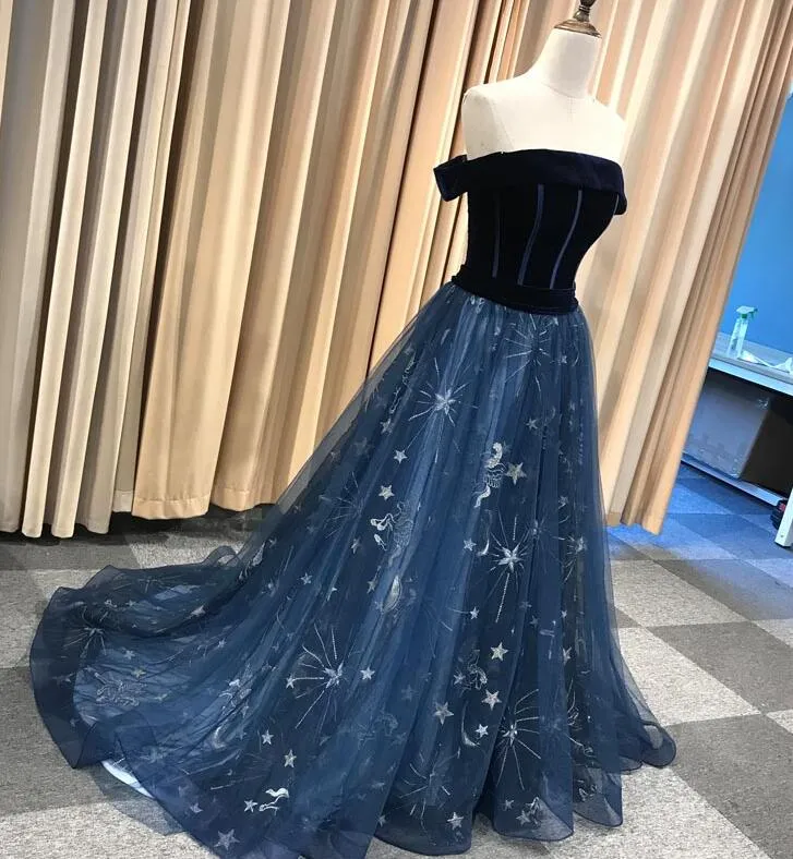 Navy Blue New Style Long Off Shoulder Prom Dress, A-line Formal Dress, Evening Dress