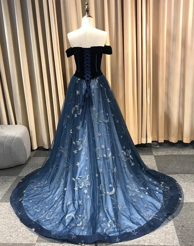 Navy Blue New Style Long Off Shoulder Prom Dress, A-line Formal Dress, Evening Dress