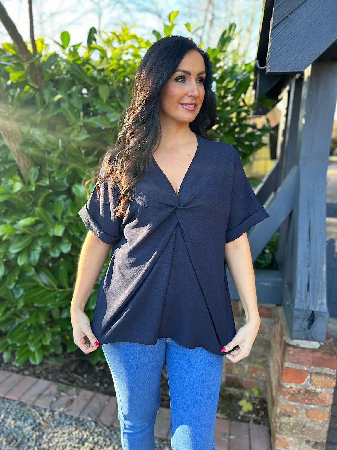 Navy Twist Front Crepe Blouse Elizabeth