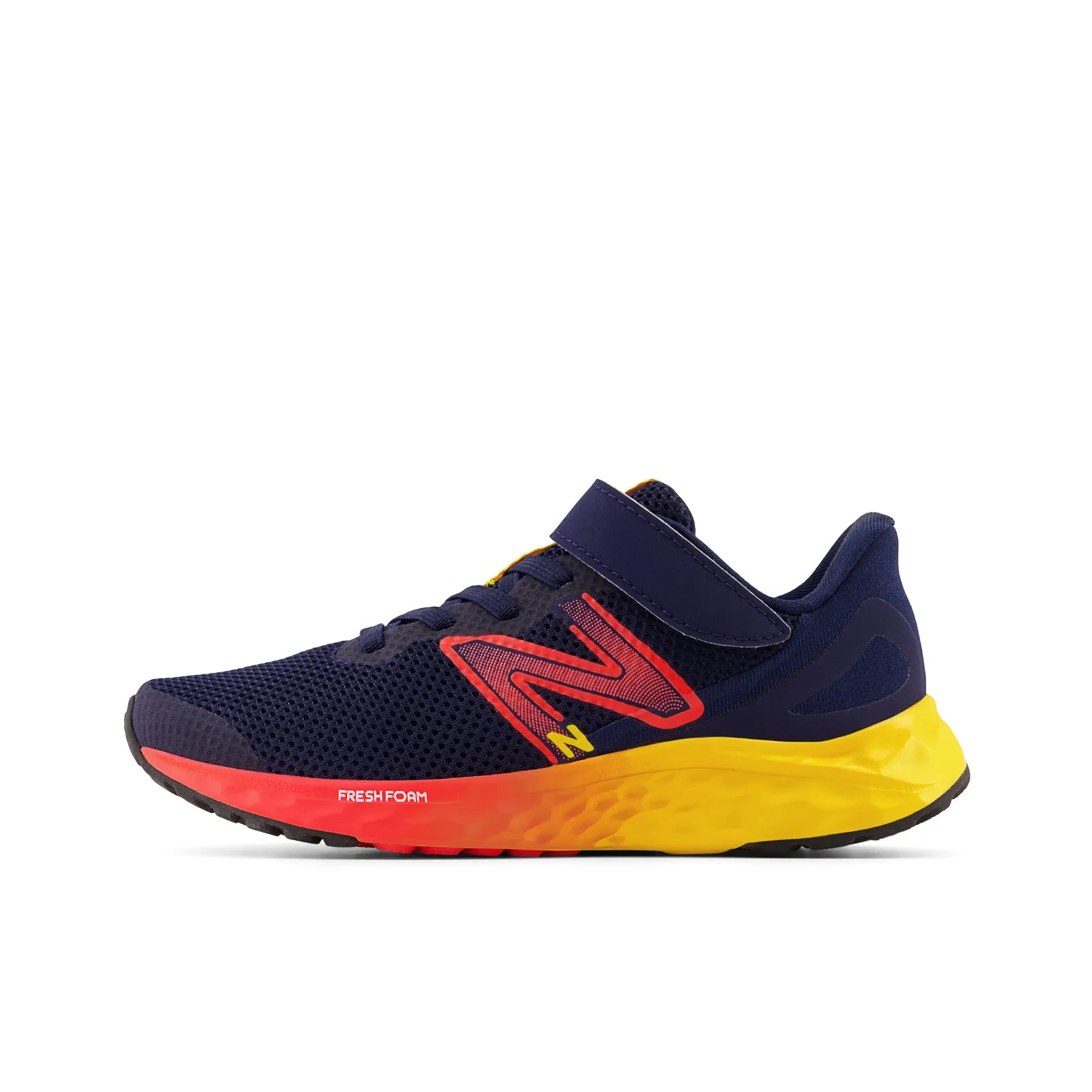 New Balance Kid's Fresh Foam Arishi V4 Bungee Lace with Top Strap in Team Navy with Electric Red and Egg Yolk