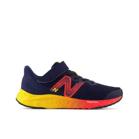 New Balance Kid's Fresh Foam Arishi V4 Bungee Lace with Top Strap in Team Navy with Electric Red and Egg Yolk