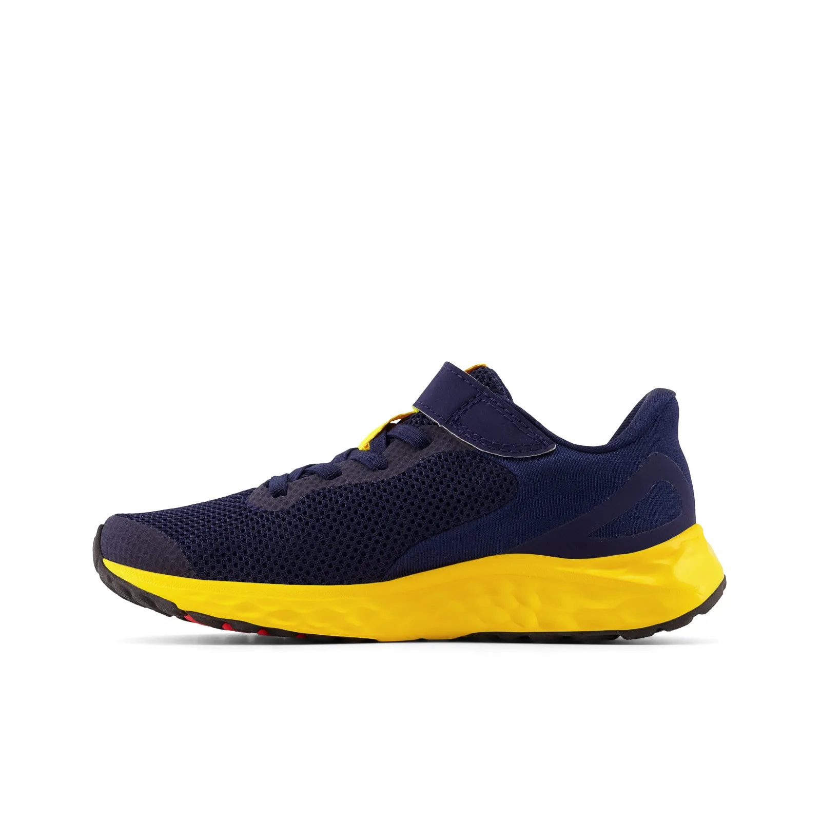 New Balance Kid's Fresh Foam Arishi V4 Bungee Lace with Top Strap in Team Navy with Electric Red and Egg Yolk