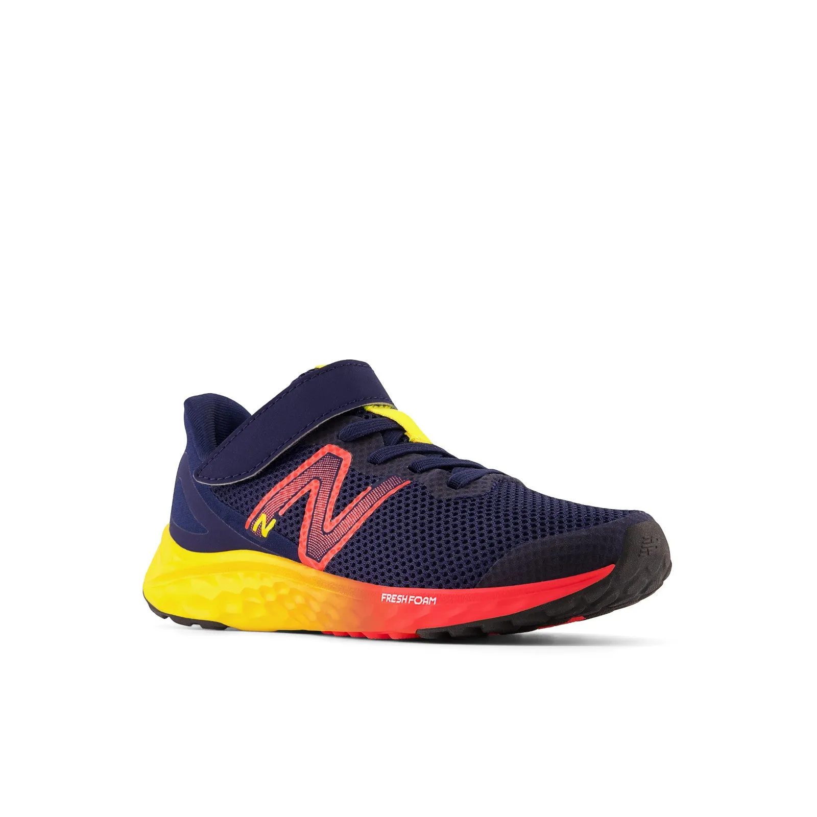 New Balance Kid's Fresh Foam Arishi V4 Bungee Lace with Top Strap in Team Navy with Electric Red and Egg Yolk