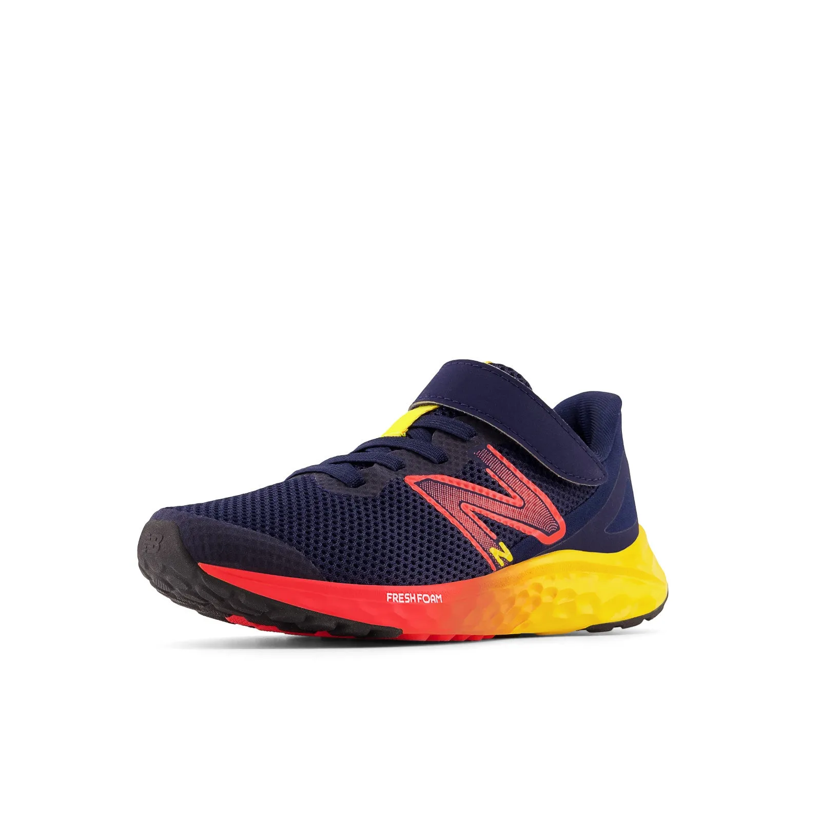 New Balance Kid's Fresh Foam Arishi V4 Bungee Lace with Top Strap in Team Navy with Electric Red and Egg Yolk