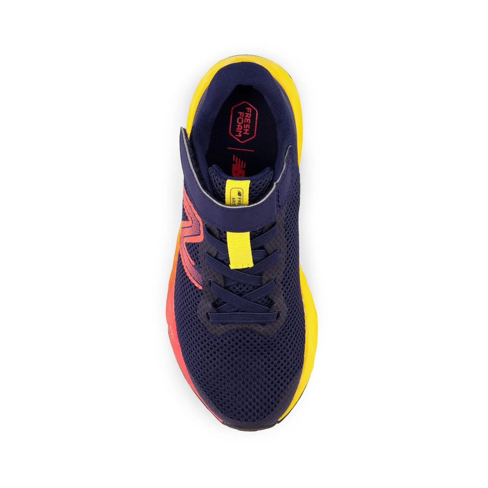 New Balance Kid's Fresh Foam Arishi V4 Bungee Lace with Top Strap in Team Navy with Electric Red and Egg Yolk