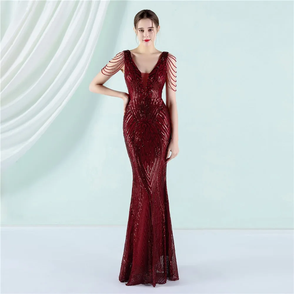 New Elegant V-neck Sleeveless Beading Evening Dress Sexy Mermaid Sequin Women Floor length Party Dress