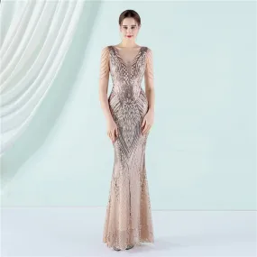 New Elegant V-neck Sleeveless Beading Evening Dress Sexy Mermaid Sequin Women Floor length Party Dress