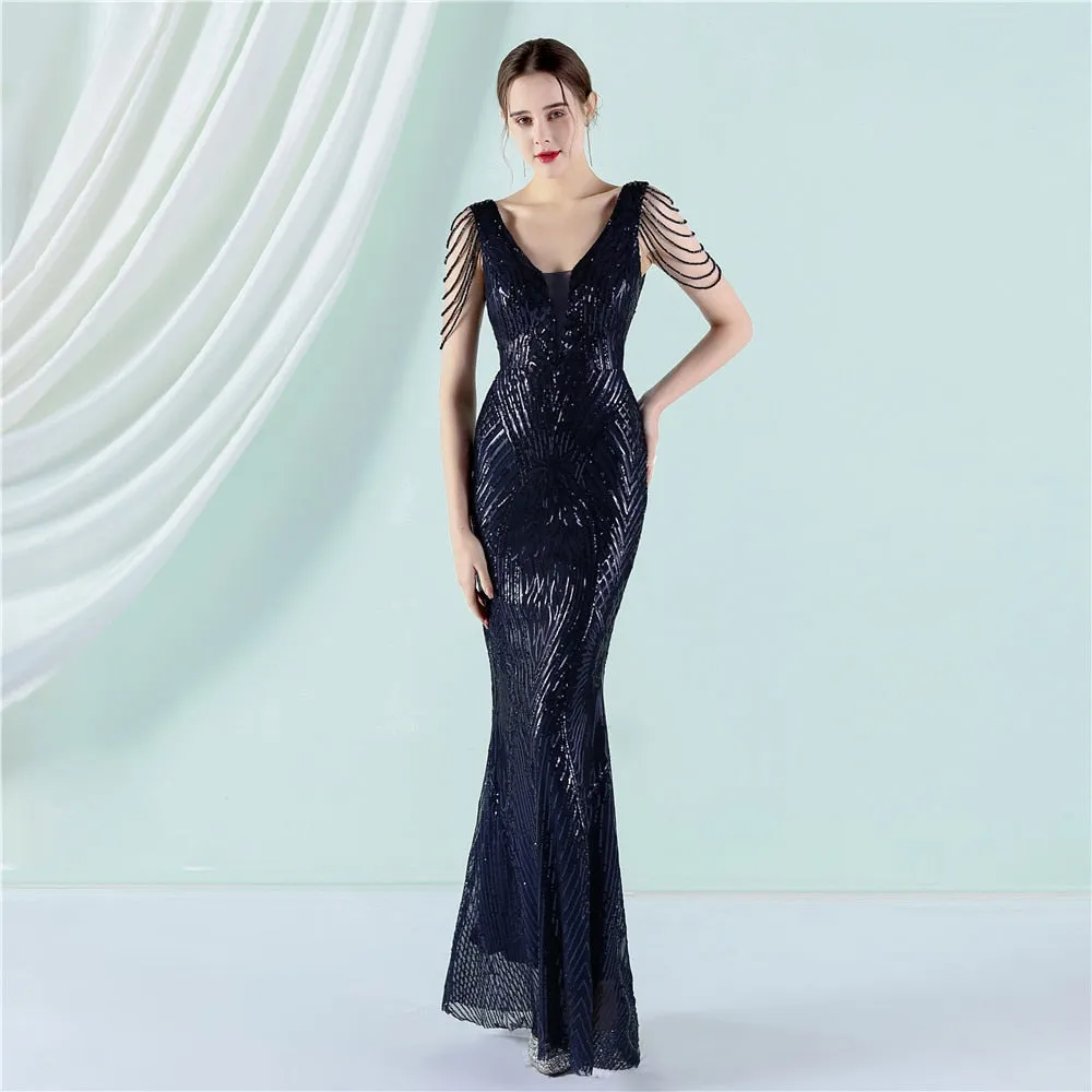 New Elegant V-neck Sleeveless Beading Evening Dress Sexy Mermaid Sequin Women Floor length Party Dress