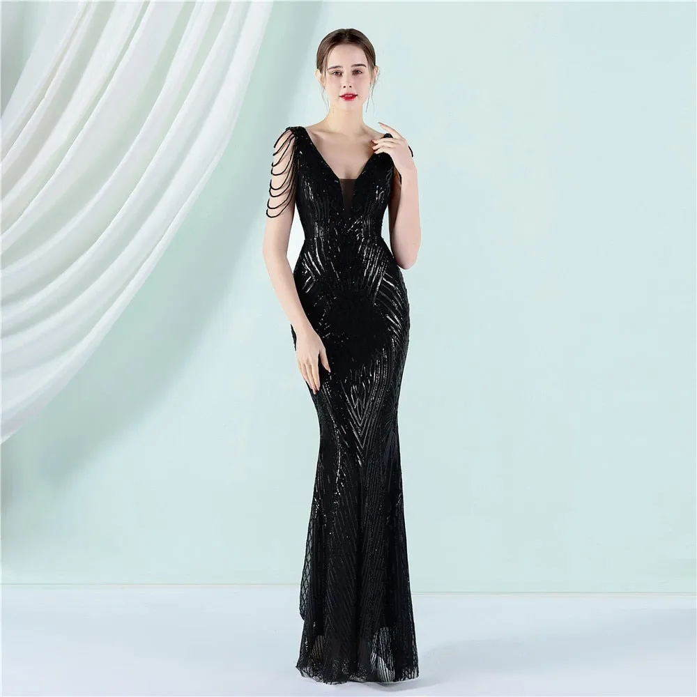 New Elegant V-neck Sleeveless Beading Evening Dress Sexy Mermaid Sequin Women Floor length Party Dress