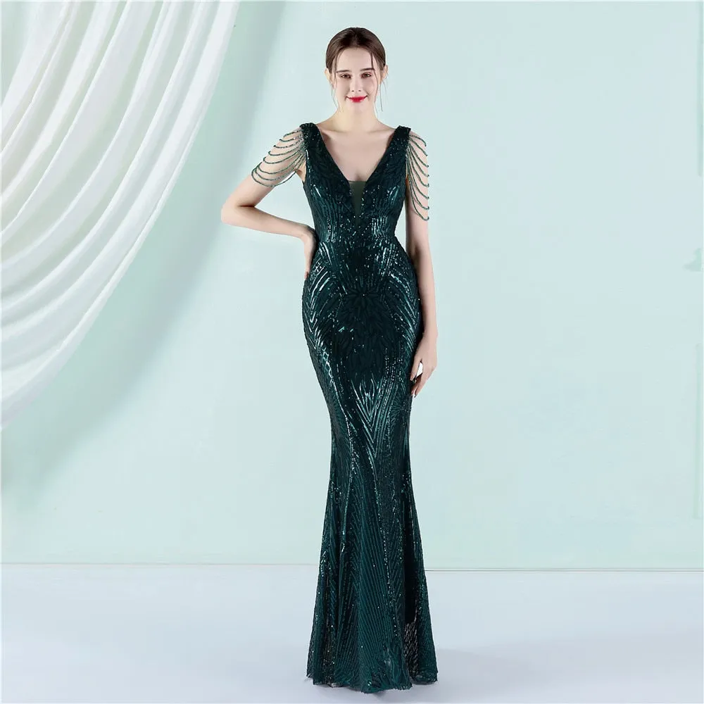 New Elegant V-neck Sleeveless Beading Evening Dress Sexy Mermaid Sequin Women Floor length Party Dress