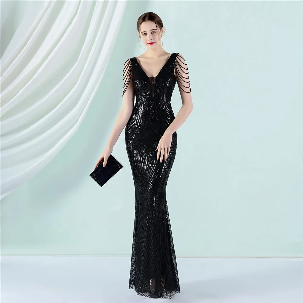 New Elegant V-neck Sleeveless Beading Evening Dress Sexy Mermaid Sequin Women Floor length Party Dress