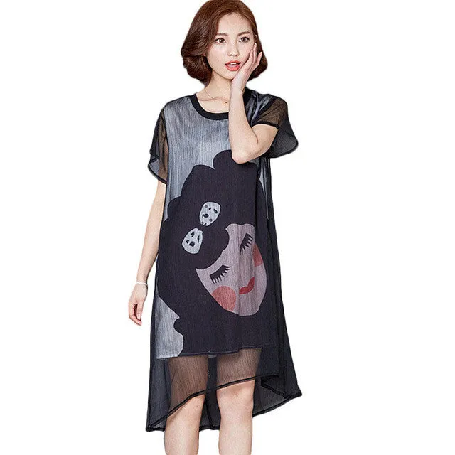 New Vestidos Plus Size Straight Knee-Length Dress Brief Short Sleeve O-neck Women Carton Print Dresses 70955 GS