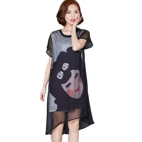 New Vestidos Plus Size Straight Knee-Length Dress Brief Short Sleeve O-neck Women Carton Print Dresses 70955 GS