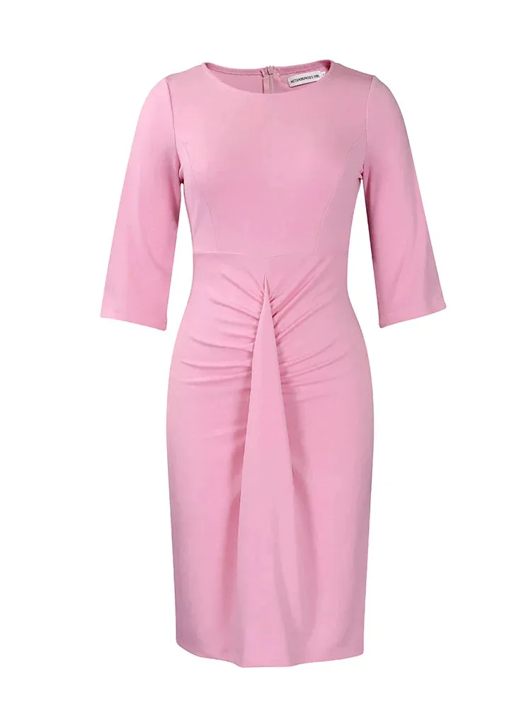 O-Neck Pink Solid Elegant Pencil Dresses 3/4 Length Sleeve Spring Women Ruched Front Midi Sheath Dress