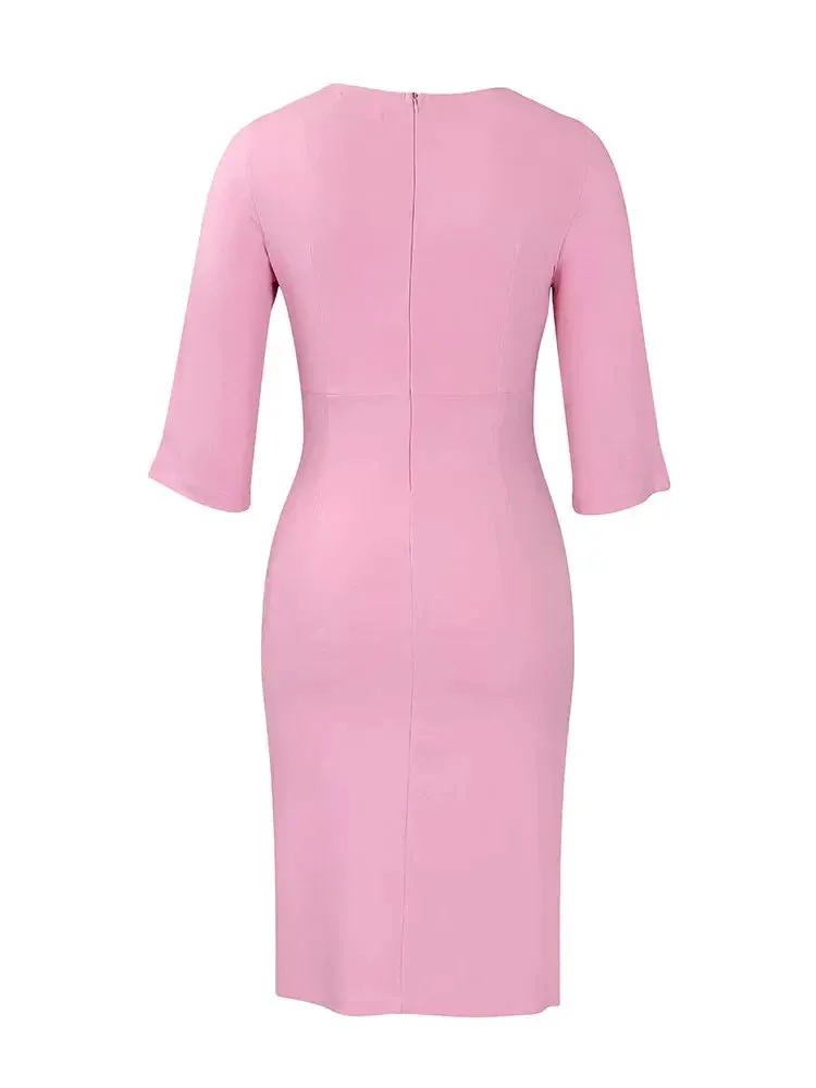 O-Neck Pink Solid Elegant Pencil Dresses 3/4 Length Sleeve Spring Women Ruched Front Midi Sheath Dress