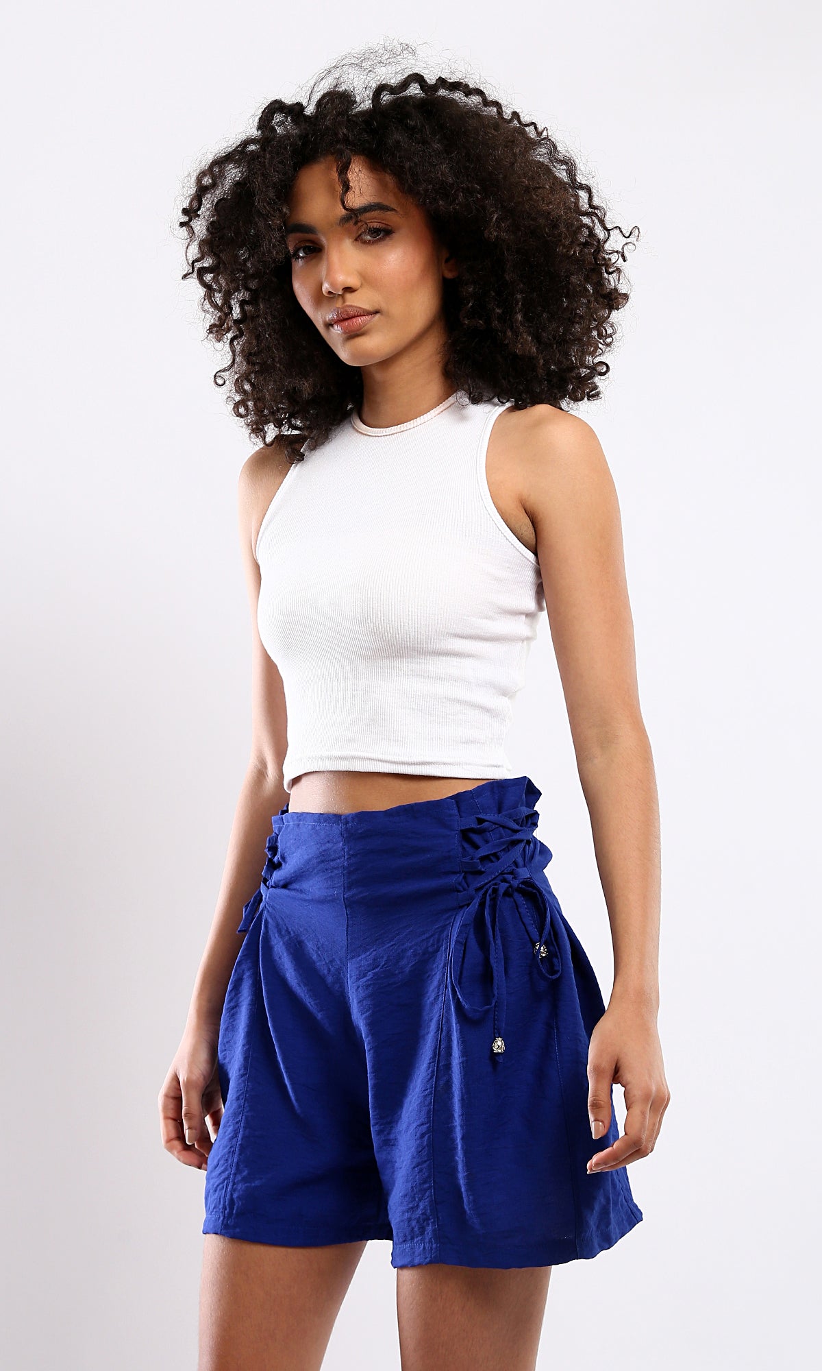 O179831 Dark Blue Wide Leg Shorts With Elastic Waist