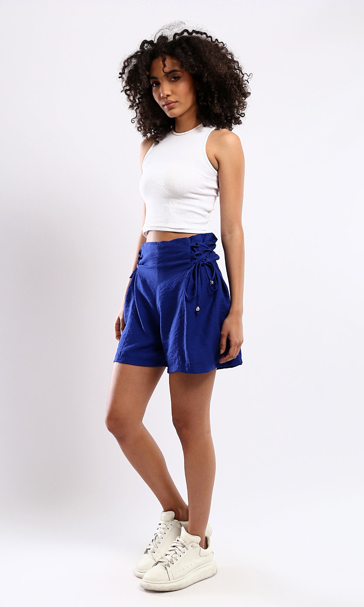 O179831 Dark Blue Wide Leg Shorts With Elastic Waist