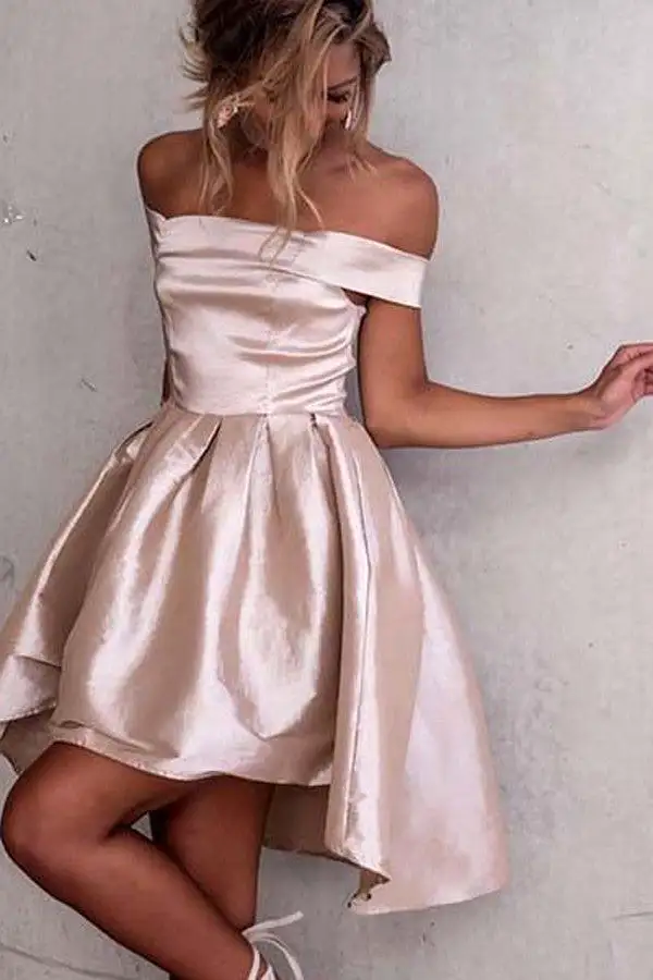 Off Shoulder Mid Back High Low Stain Short Homecoming Dresses