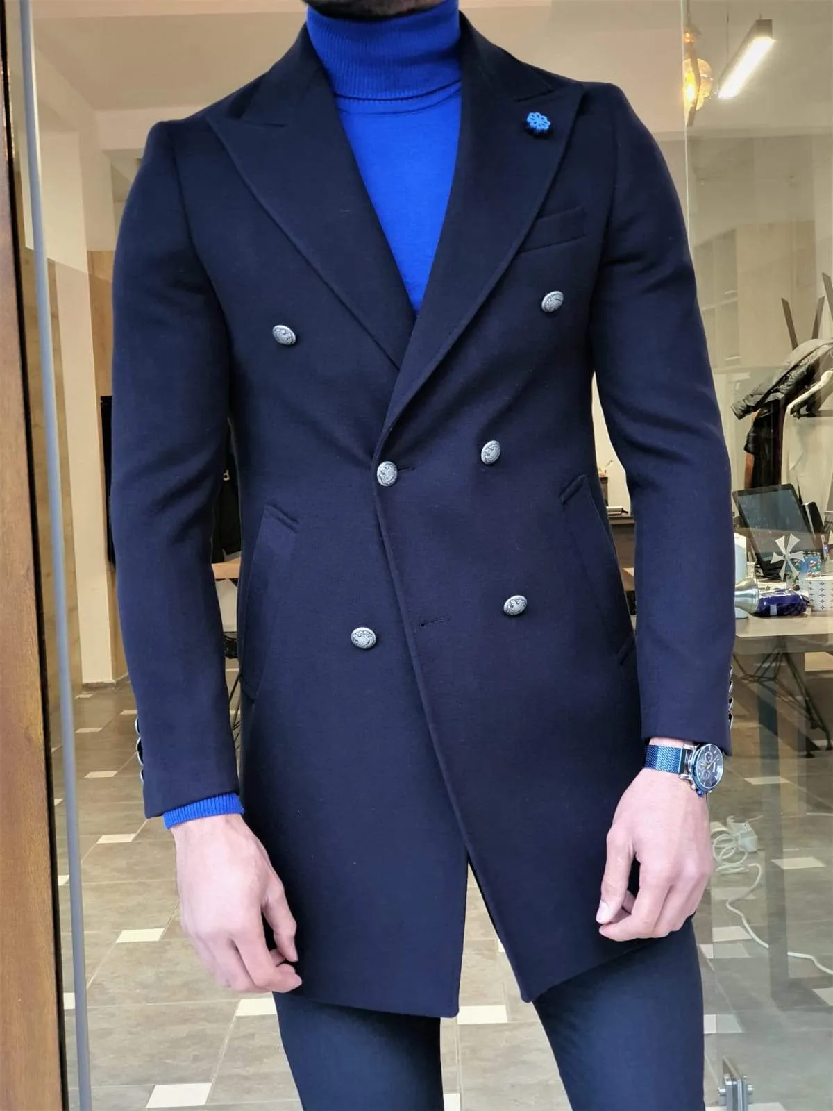 Paruri Navy Blue Slim Fit Wool Long Coat